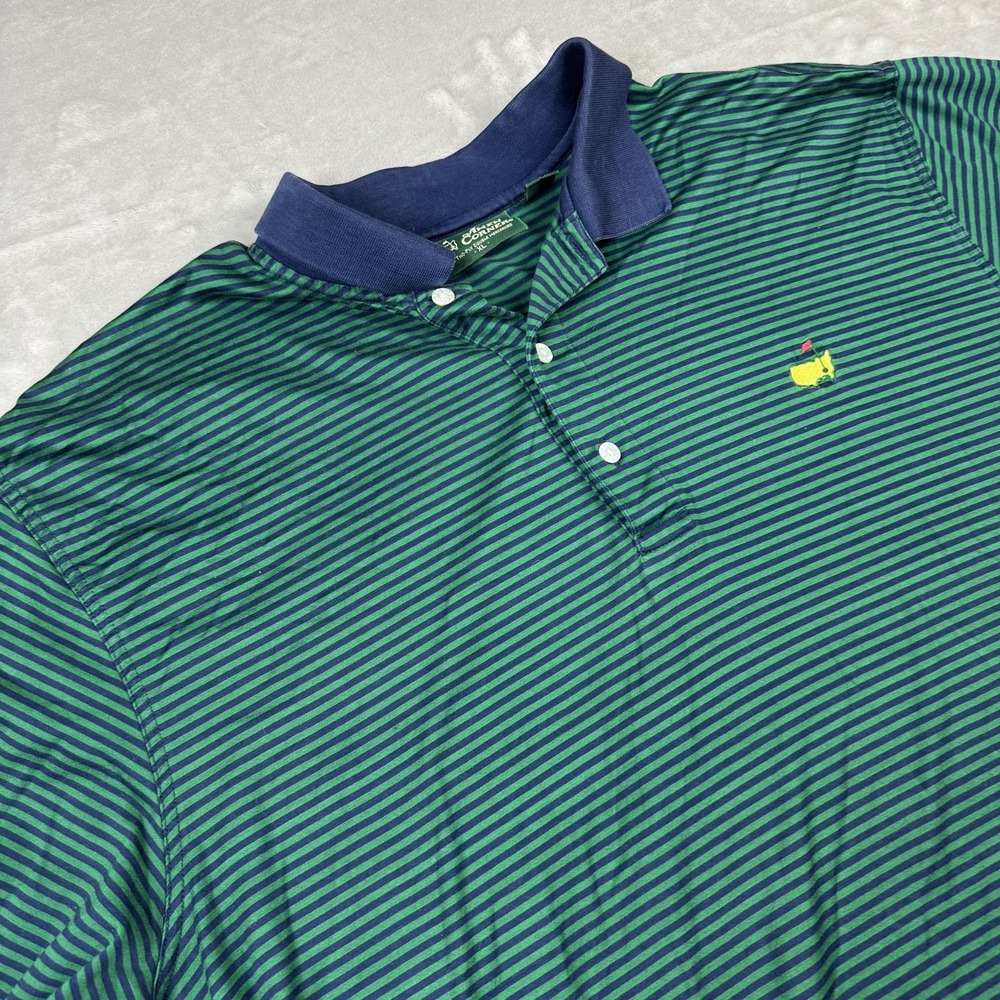 Amen Corner Masters Polo Shirt Mens XL Green Blue Striped Cotton Short Sleeve